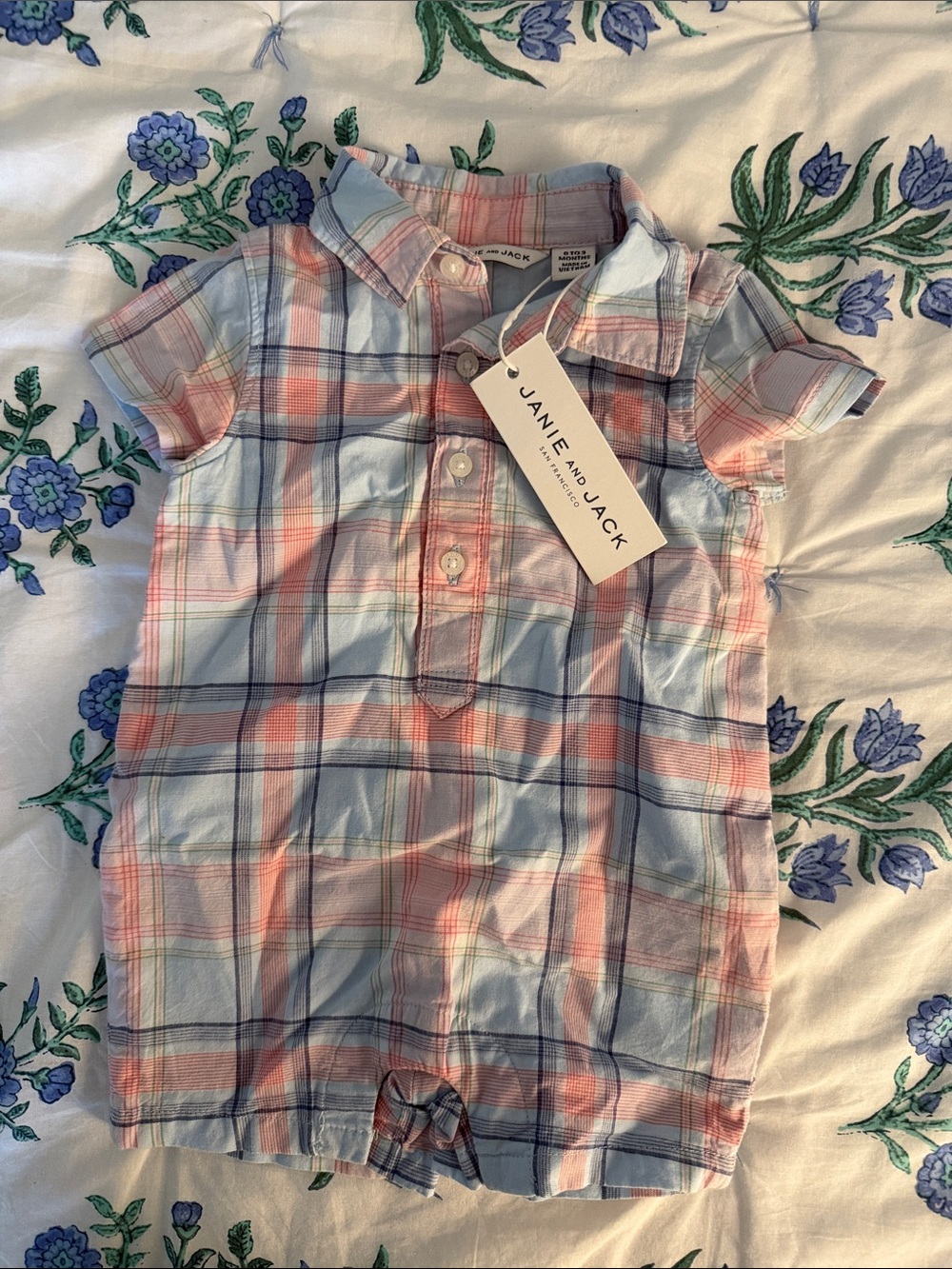Janie and Jack Blue and Pink Plaid Short-Sleeve Button Romper